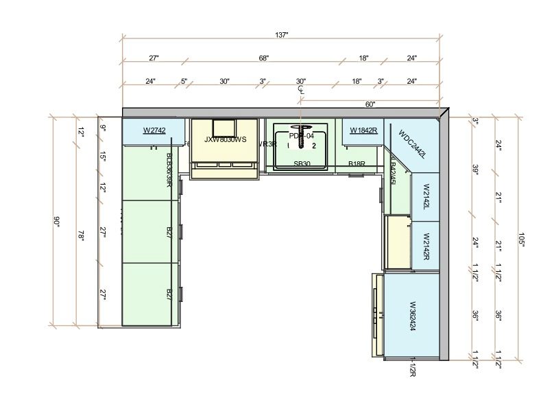 Kitchen floor plan with wall dimensions and cabinet SKUs