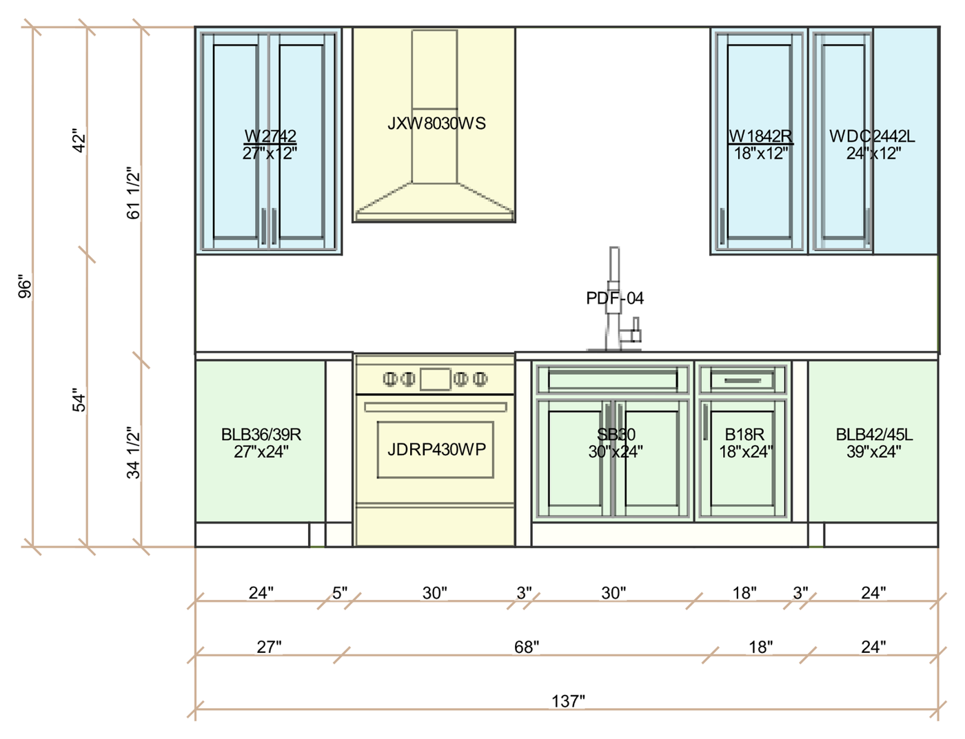 Kitchen cabinet elevation drawing with SKUs and dimensions