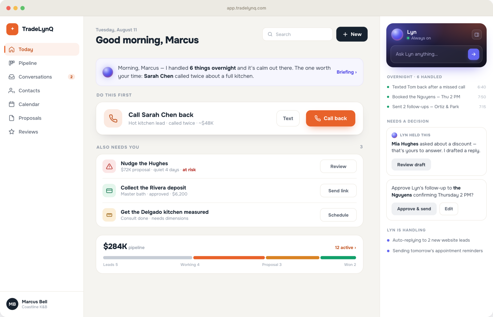 The TradeLynq dashboard — your morning briefing, prioritized