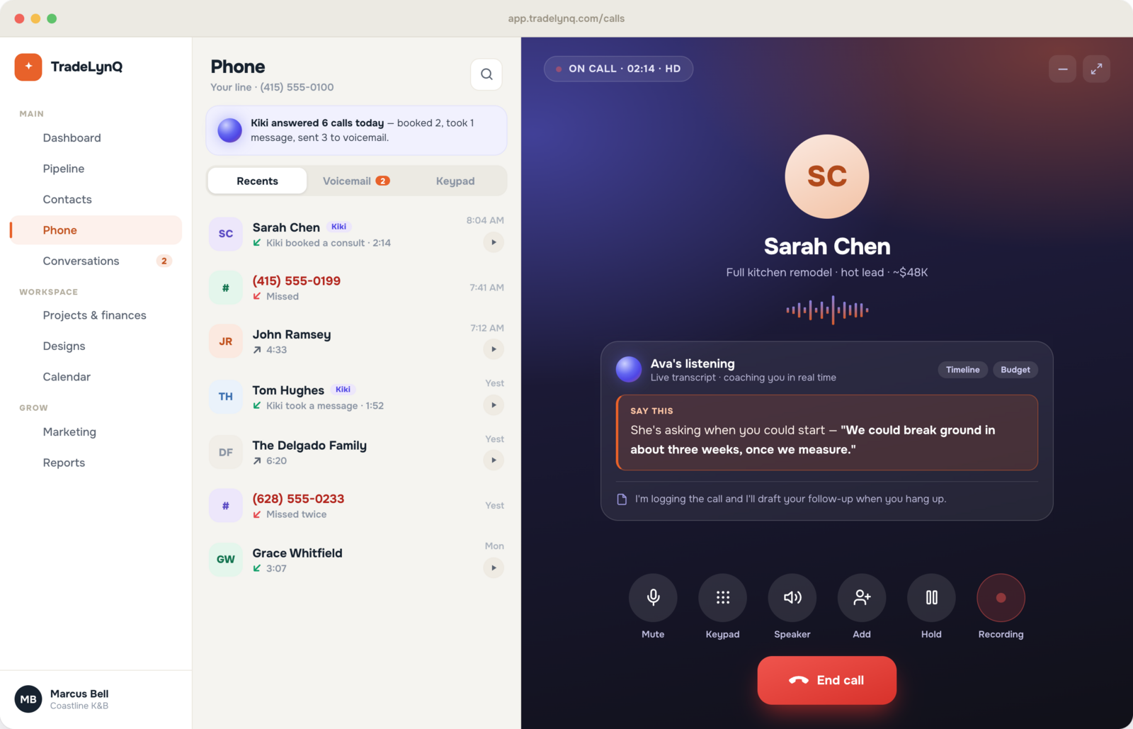TradeLynq on desktop — a live call with prepared context